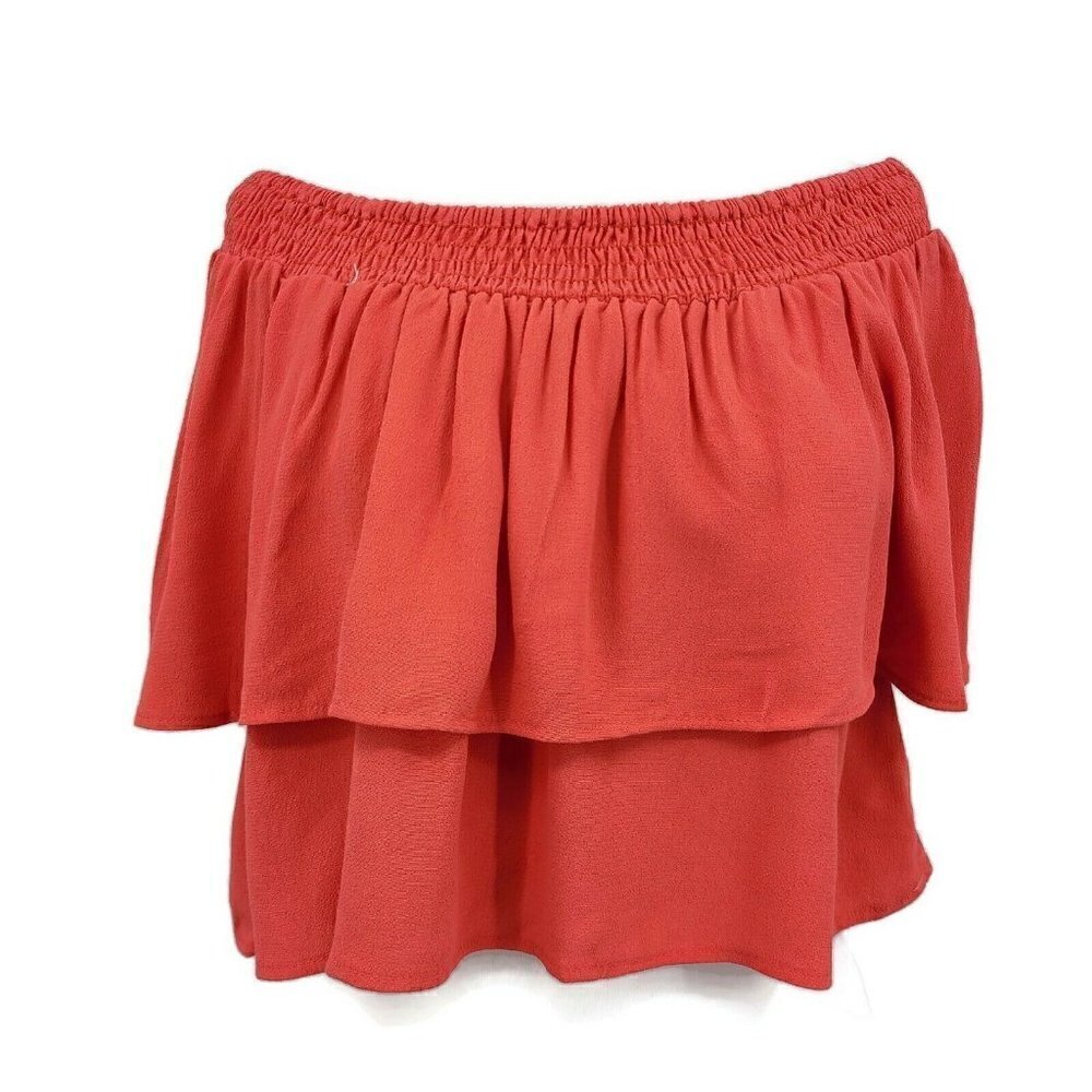 New Flynn Skye Athens Top Womens S Coral Peach Off Shoulder Rayon Ruffle